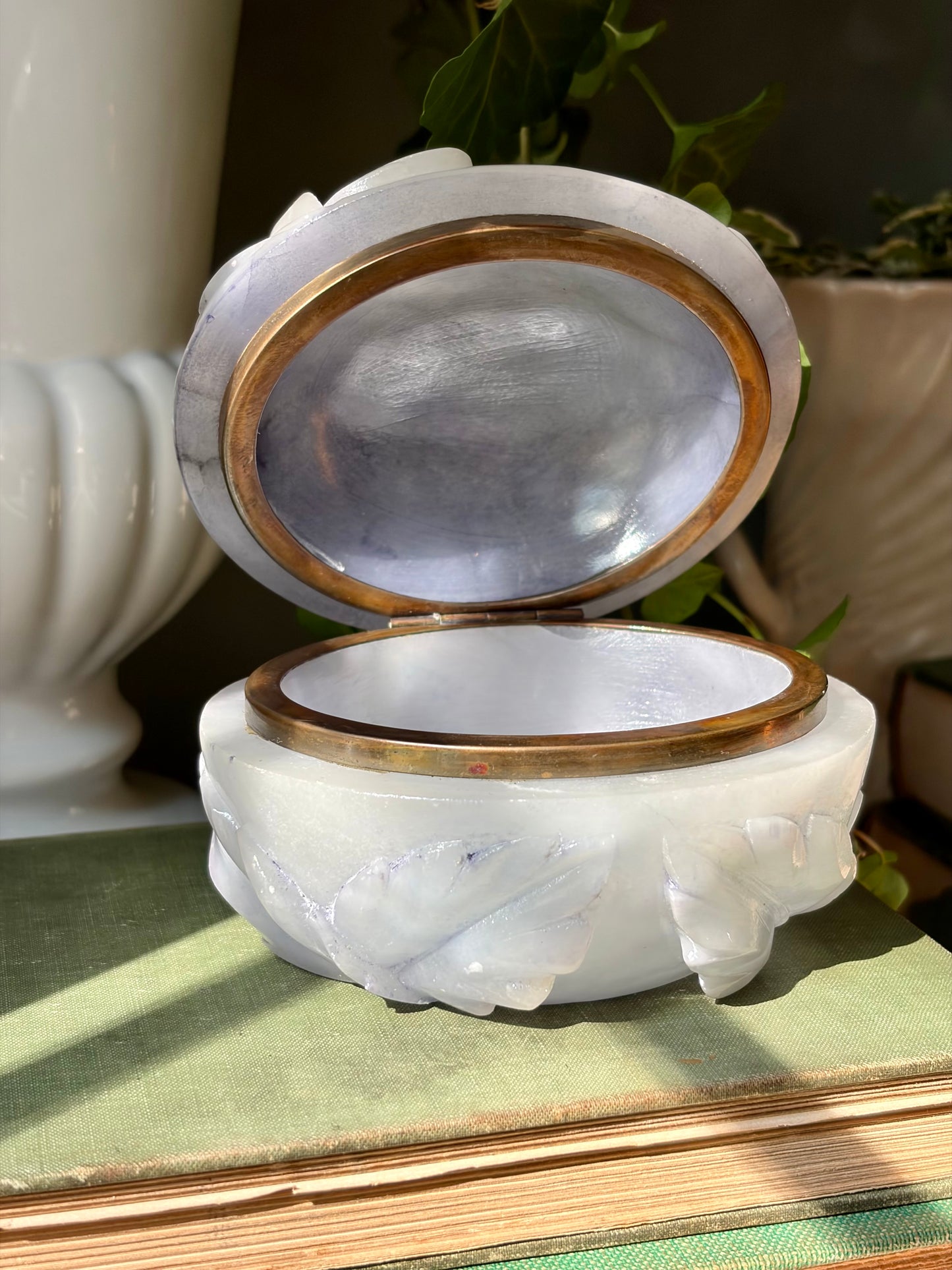 Vintage Pale Blue Carved Alabaster Box