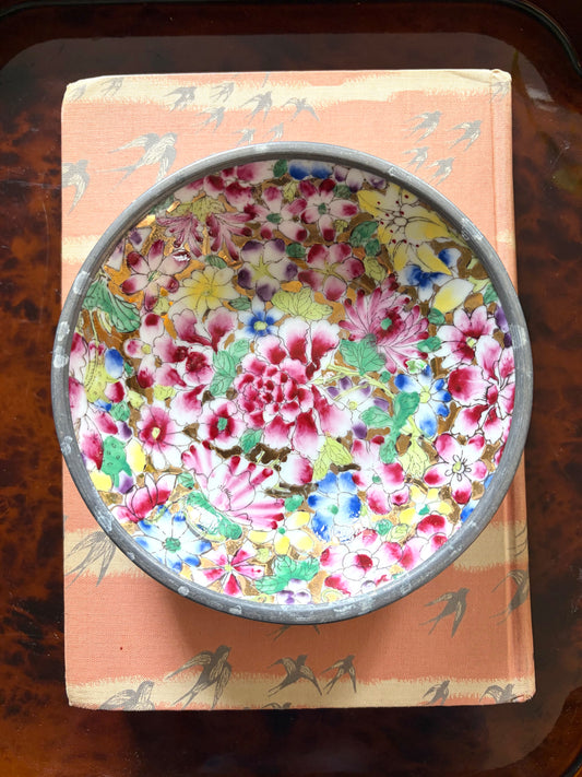 Vintage Porcelain Millefleur Bowl in Pewter