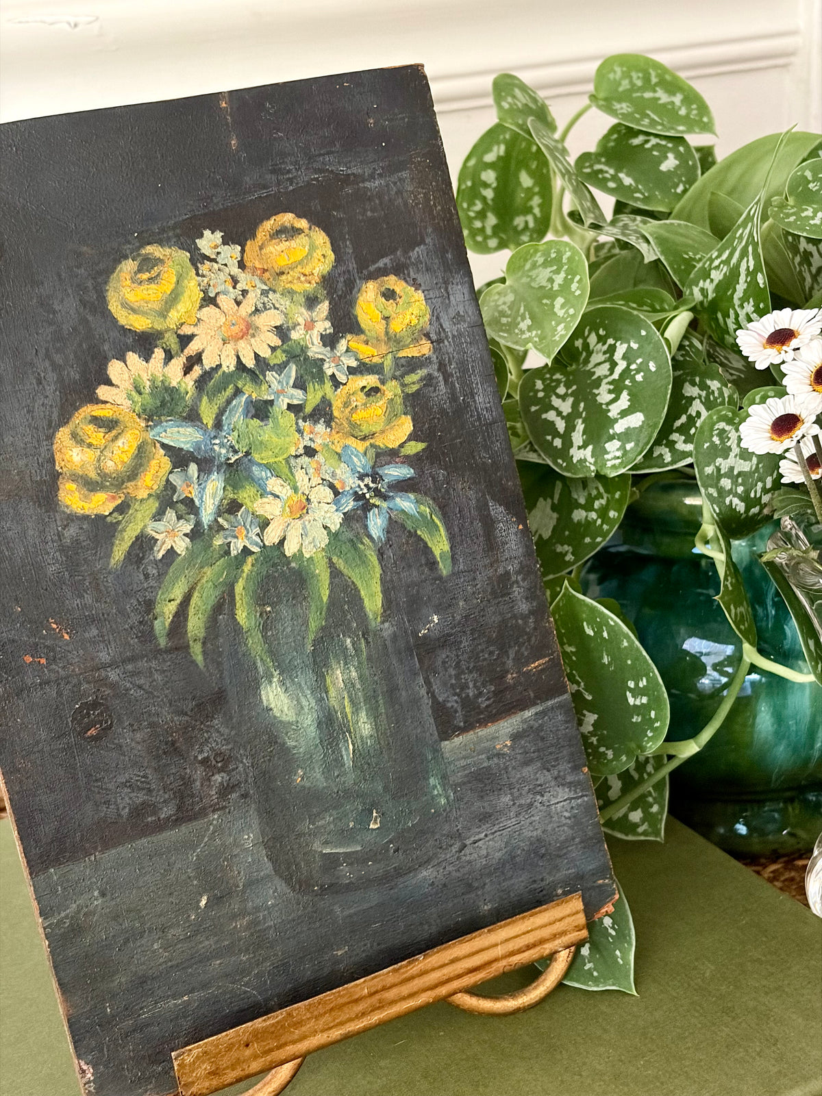 Vintage Double-Sided Oil on Board & Stand