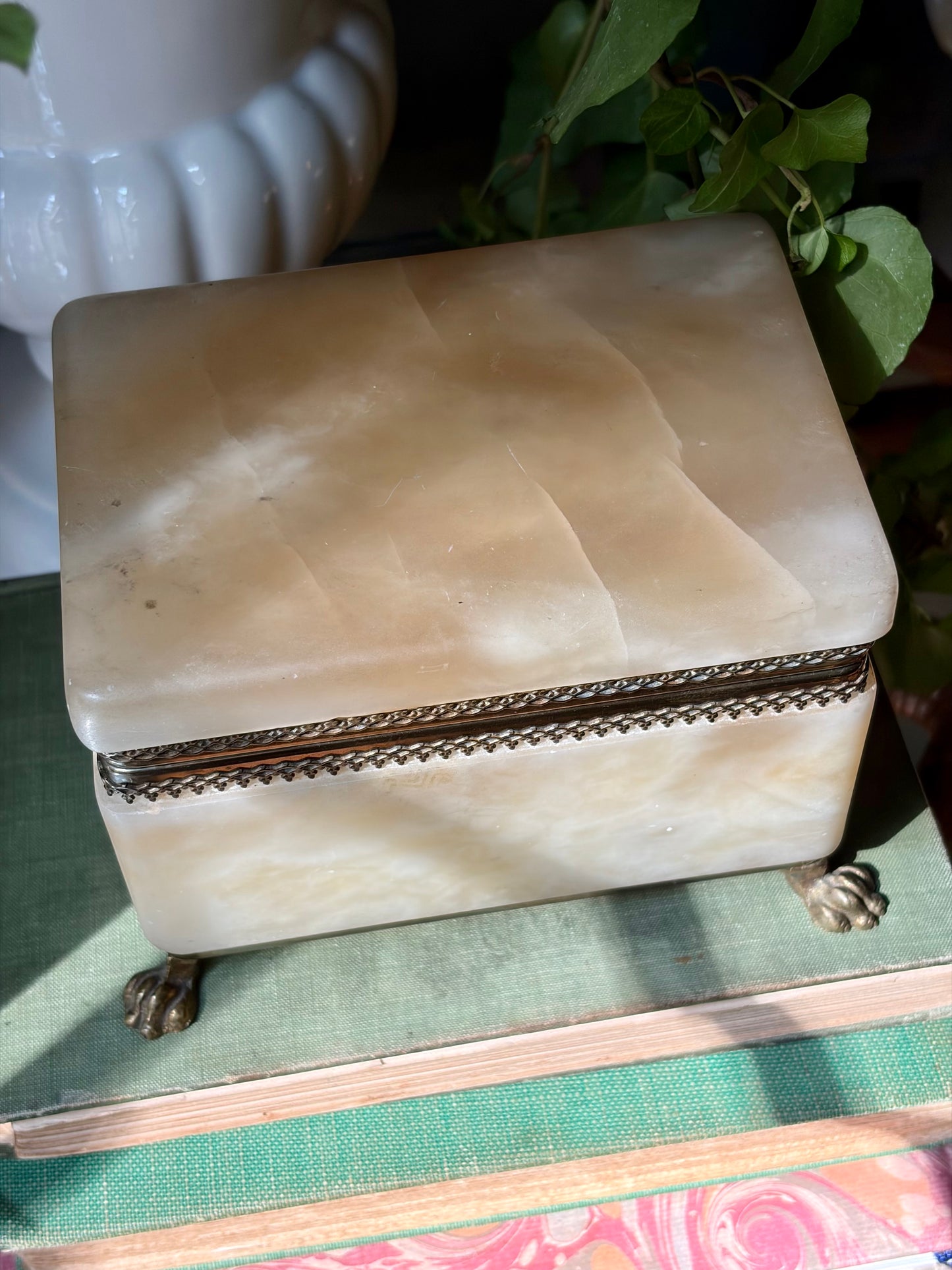 Vintage Footed Alabaster Box with Brass Detail