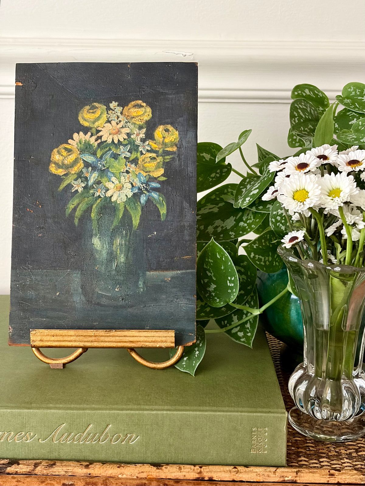 Vintage Double-Sided Oil on Board & Stand