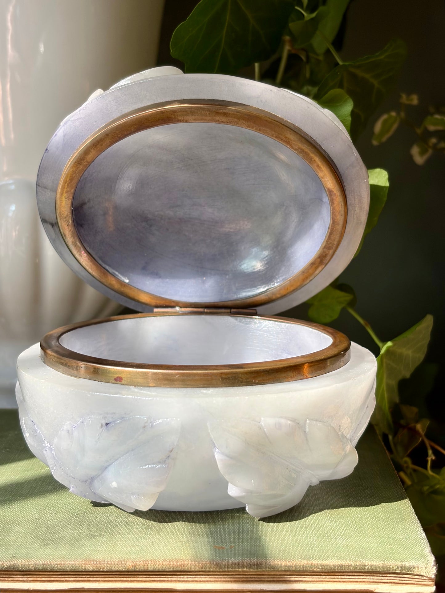 Vintage Pale Blue Carved Alabaster Box