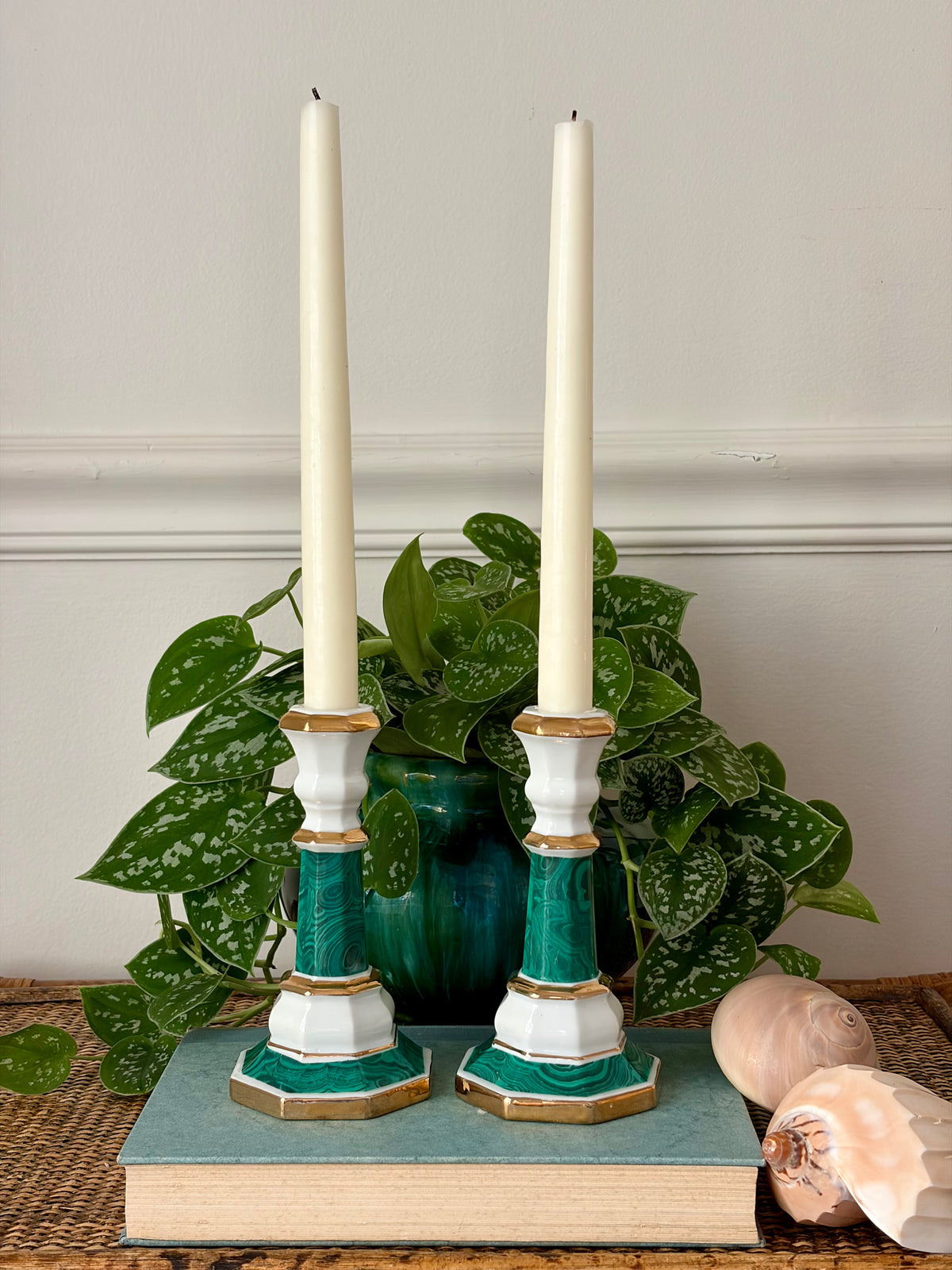 Vintage Faux Malachite Candleholders