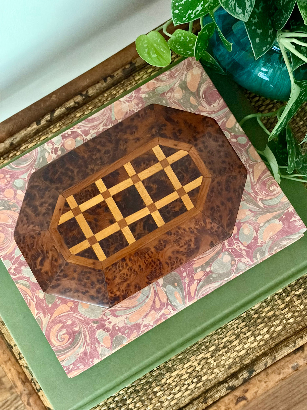Vintage Burl Wood Box with Wood Inlay