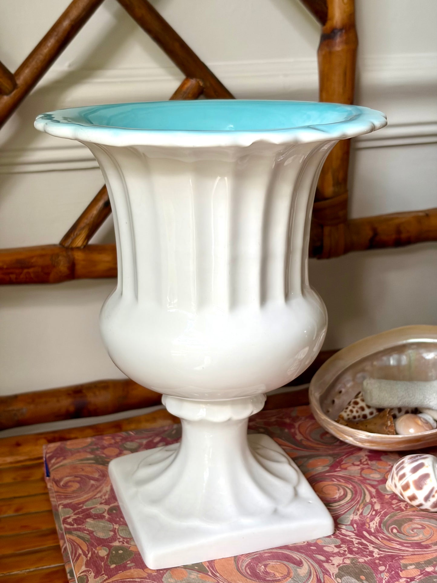 Vintage White & Aqua Trophy Vase